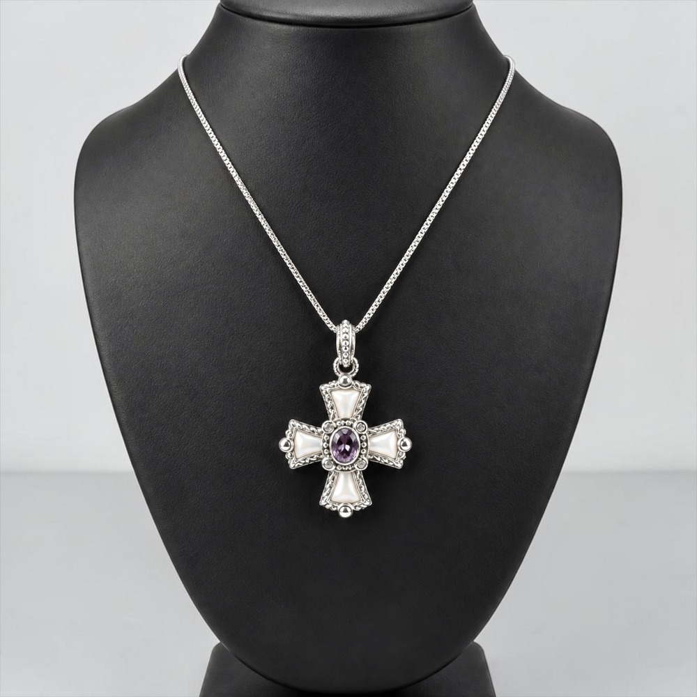 Judith Ripka 925 Amethyst MOP CZ Maltese Cross Pendant Enhancer Vintage